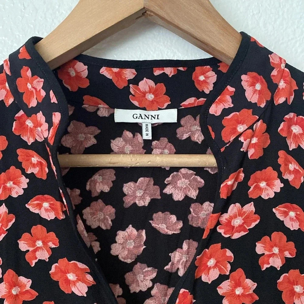 Ganni S Lindale Red Floral Crepe Mini Dress - Picture 5 of 13